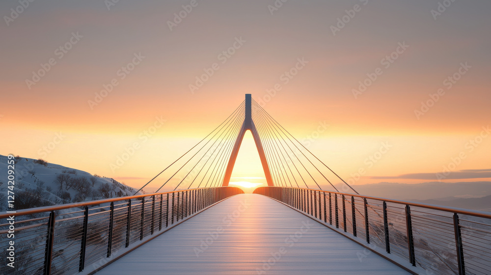 Obraz premium modern bridge at sunset, showcasing stunning design with cables and snowy landscape. warm colors of sunset contrast beautifully with cool tones of snow