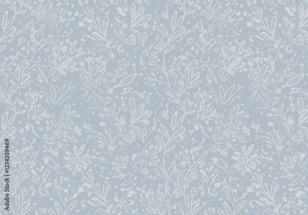 Seamless doodle botanicals pattern in a winter color palette of pale dusty blue and white. Seamless botanical pattern in pastel blue and white. All over abstract floral print Seamless doodle botanicals pattern in a winter color palette of pale dusty blue and white. Seamless botanical pattern in pastel blue and white. All over abstract floral print