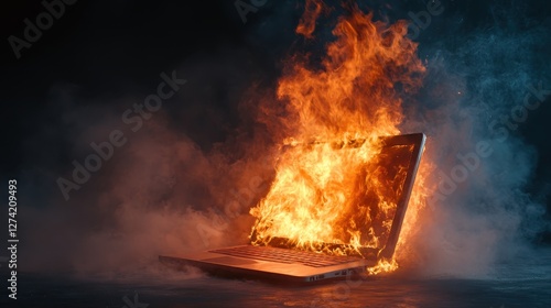 Wallpaper Mural A damaged laptop engulfed in flames, surrounded by smoke, creating a dramatic scene that highlights technology malfunction and destruction. Torontodigital.ca