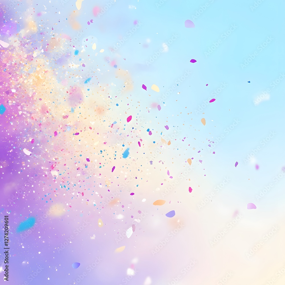 Colorful confetti on a blue sky background. Abstract colored background for Holi festival.