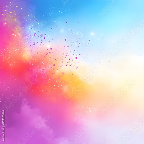 Rainbow sky background with stars and bokeh. Abstract colored background for Holi festival.