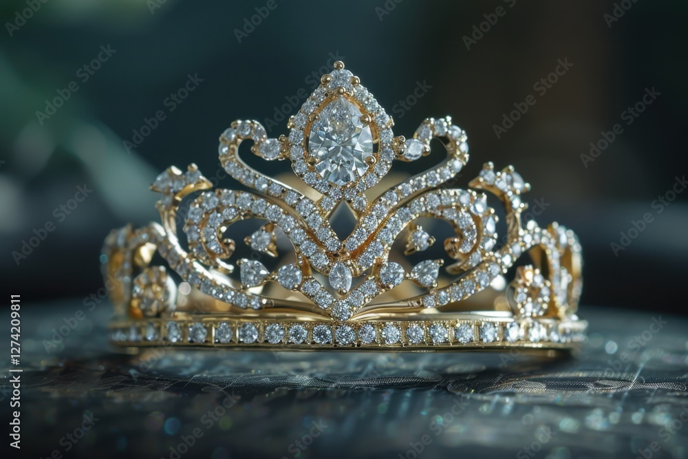 Obraz premium Elegant golden crown adorned with sparkling diamonds displayed in a velvet-lined box, showcasing exquisite craftsmanship and luxury suitable for special occasions