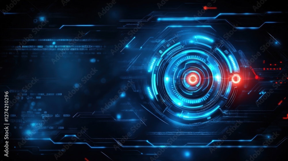 Fototapeta premium Futuristic abstract dark background with glowing blue and red digital elements. Ideal for presentations related to technology, innovation, and modern science concepts.