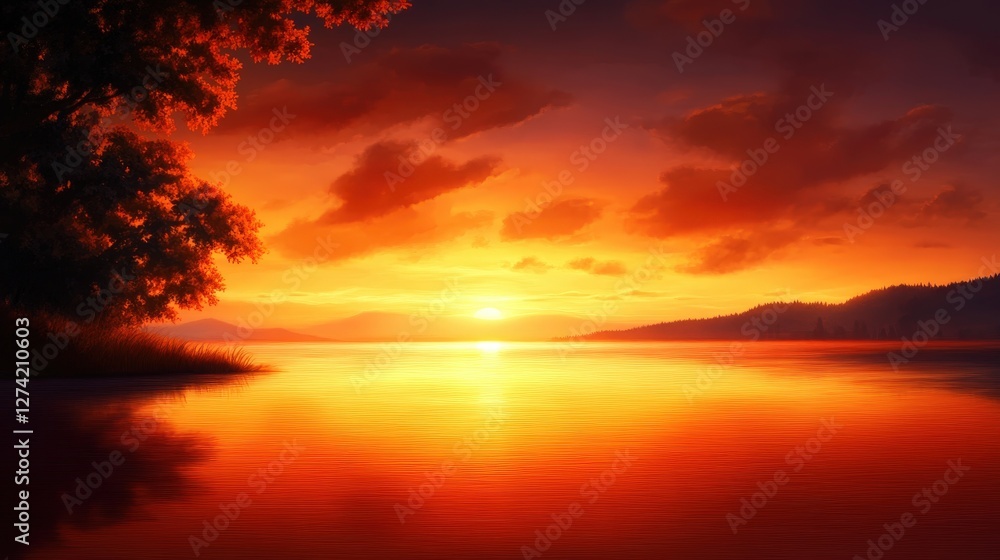 A breathtaking sunset over a serene lake, where vibrant colors reflect on the calm waters, creating a tranquil and picturesque scene that captures nature's beauty. A breathtaking sunset over a serene lake, where vibrant colors reflect on the calm waters, creating a tranquil and picturesque scene that captures nature's beauty.