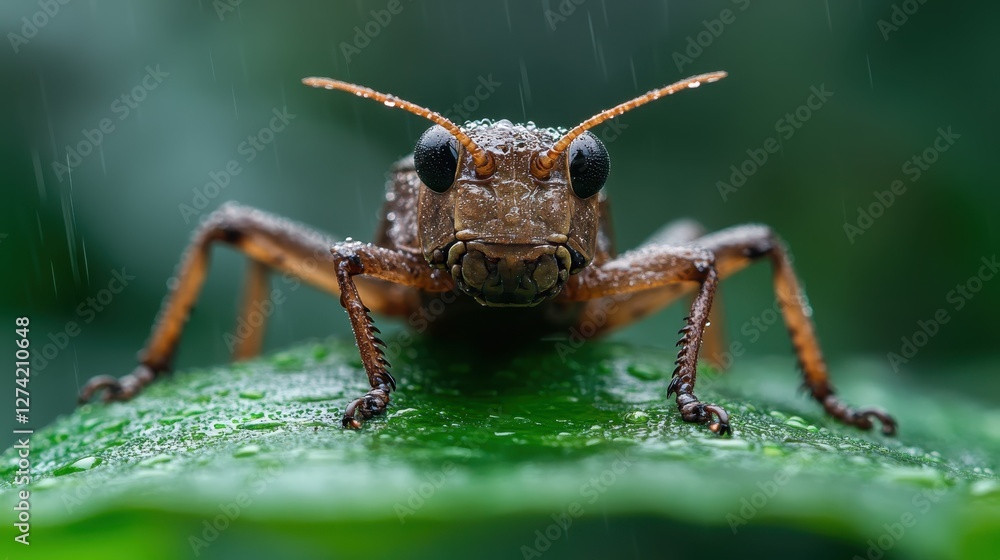 A macro shot of an insect covered in dew on a leaf, showcasing the intricate details of its body and the beauty of nature's tiny creatures in a refreshing environment. A macro shot of an insect covered in dew on a leaf, showcasing the intricate details of its body and the beauty of nature's tiny creatures in a refreshing environment.