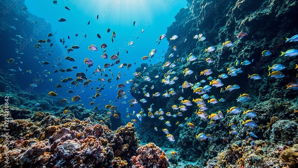 Fototapeta premium Neon tropical fish swimming through vibrant coral reef