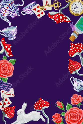 Alice in Wonderland. White rabbit, playing cards, pocket watch and key, teapot and cup, mushroom and poison on white background. Frame and place for text. Follow the white rabbit