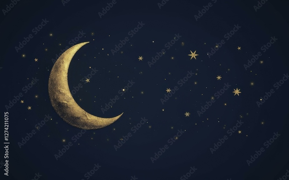 Naklejka premium Ramadan Crescent Moon and Golden Stars on Dark Navy Blue Background