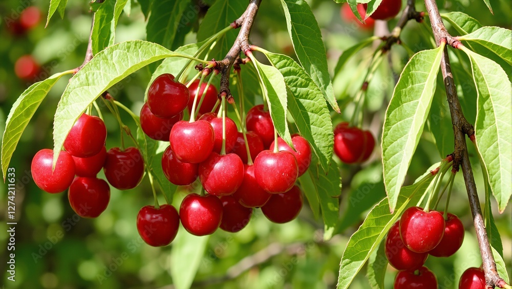 Obraz premium Fresh red cherries on branches with green leaves under the summer sun