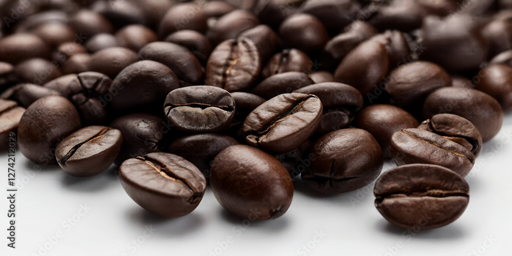 Geröstete Kaffeebohnen auf weißem Hintergrund – Perfekte Mischung für intensiven Kaffeegenuss Geröstete Kaffeebohnen auf weißem Hintergrund – Perfekte Mischung für intensiven Kaffeegenuss