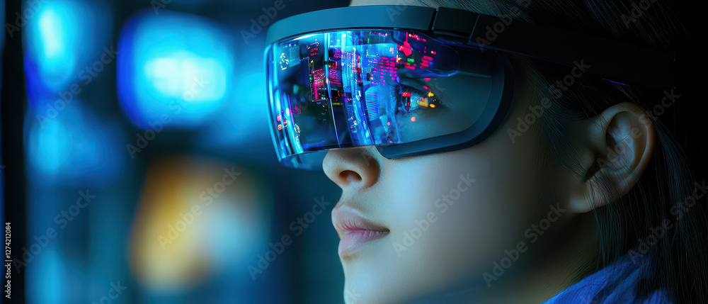 A close-up of a person wearing futuristic smart glasses, immersed in a high-tech environment filled with vibrant blue and colorful lights. A close-up of a person wearing futuristic smart glasses, immersed in a high-tech environment filled with vibrant blue and colorful lights.