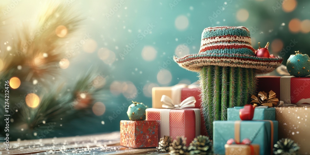 Naklejka premium Holiday decorations featuring a cactus with a hat surrounded by colorful gift boxes and festive ornaments