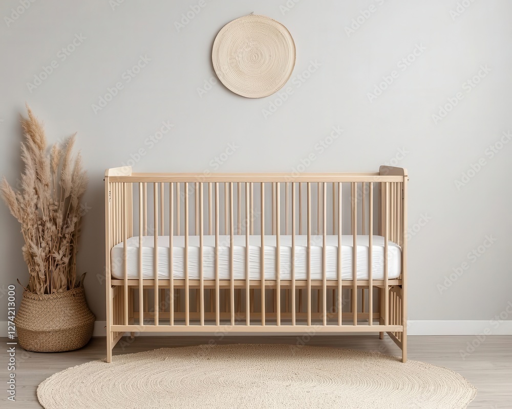 Minimalist nursery with a crib and soft bedding, neutral tones creating a simple yet cozy atmosphere Minimalist nursery with a crib and soft bedding, neutral tones creating a simple yet cozy atmosphere