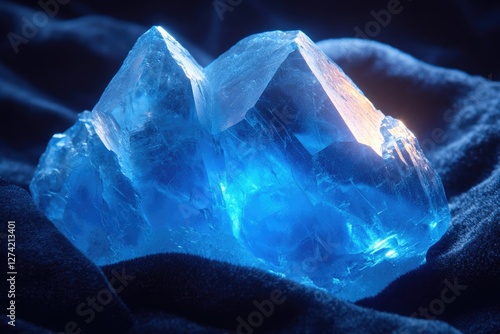 A luminous blue crystal cluster, facets gleaming, rests on a dark velvety surface. photo