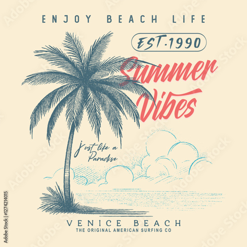 Summer good vibes Beach Paradise Print t shirt graphics design, Vintage Beach Vector, Summer tropical women's, girls Retro T-shirt Design, summer vibes hand draw, Hawaii, Aloha surf typograph
