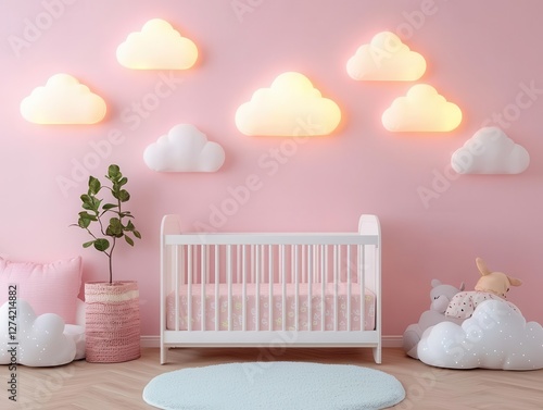 Whimsical nursery with a cozy crib, cloudshaped pillows, and gentle lighting, creating a dreamy and playful space photo