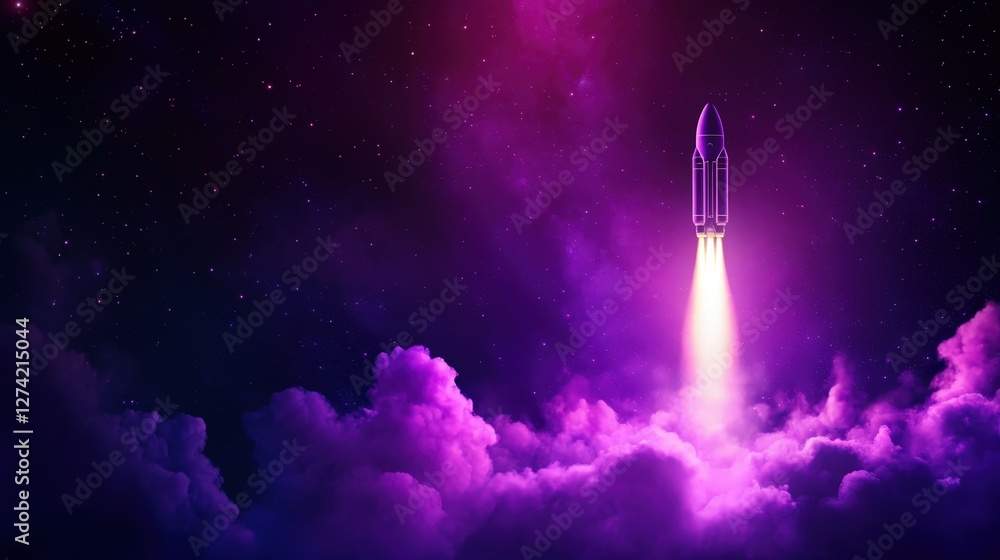Naklejka premium A spacecraft ascends into a vibrant purple sky, leaving a trail of glowing exhaust as it pierces through fluffy clouds, symbolizing exploration and innovation in space travel.