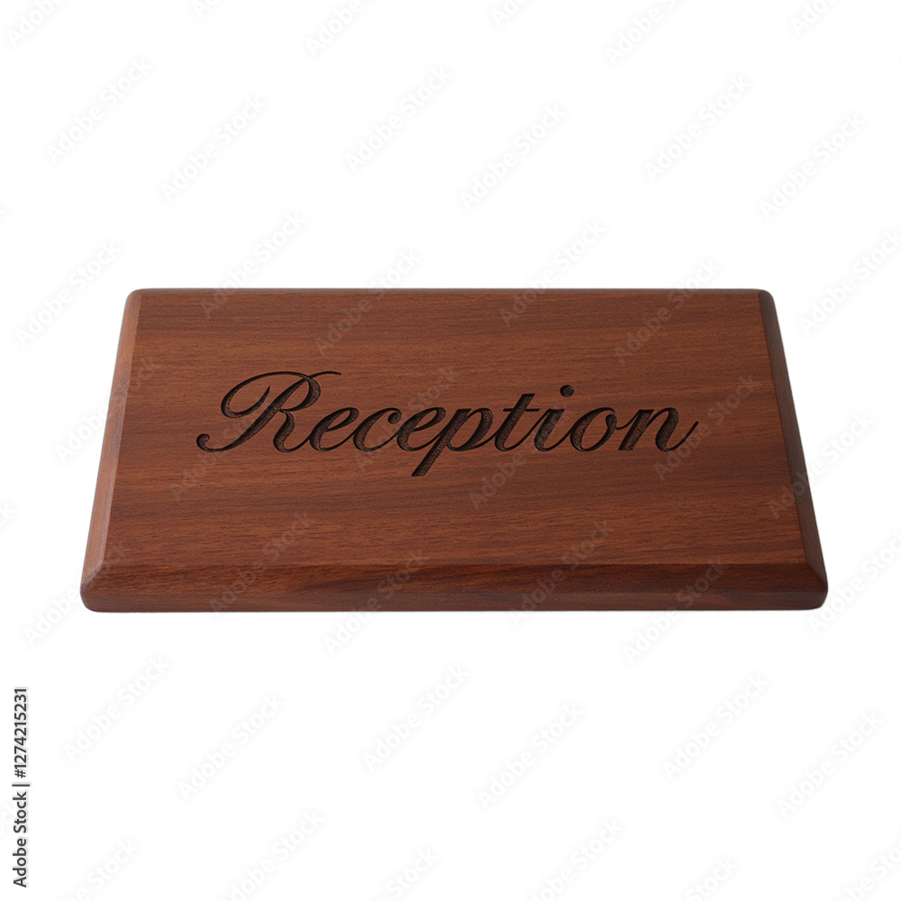 Obraz premium Elegant cherry wood Reception sign with cursive script on white background