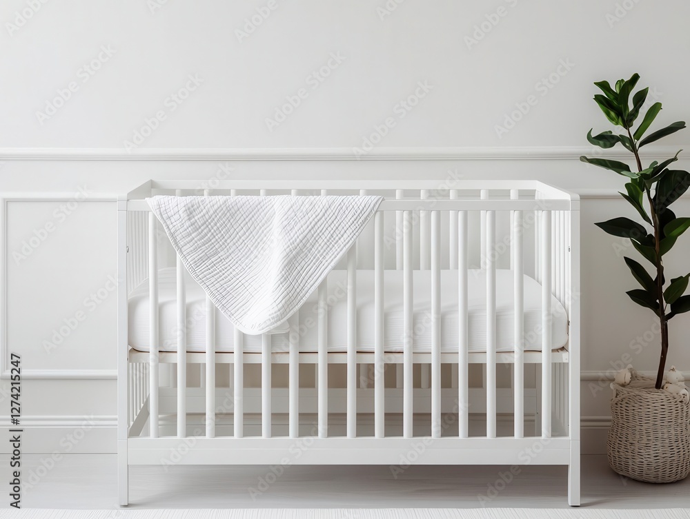 Nursery with a white crib, playful bedding, and soft textures, creating a warm and welcoming baby environment Nursery with a white crib, playful bedding, and soft textures, creating a warm and welcoming baby environment