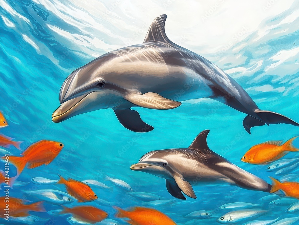 Obraz premium Two dolphins swim gracefully through clear blue water, surrounded by vibrant orange fish, creating a lively underwater scene.