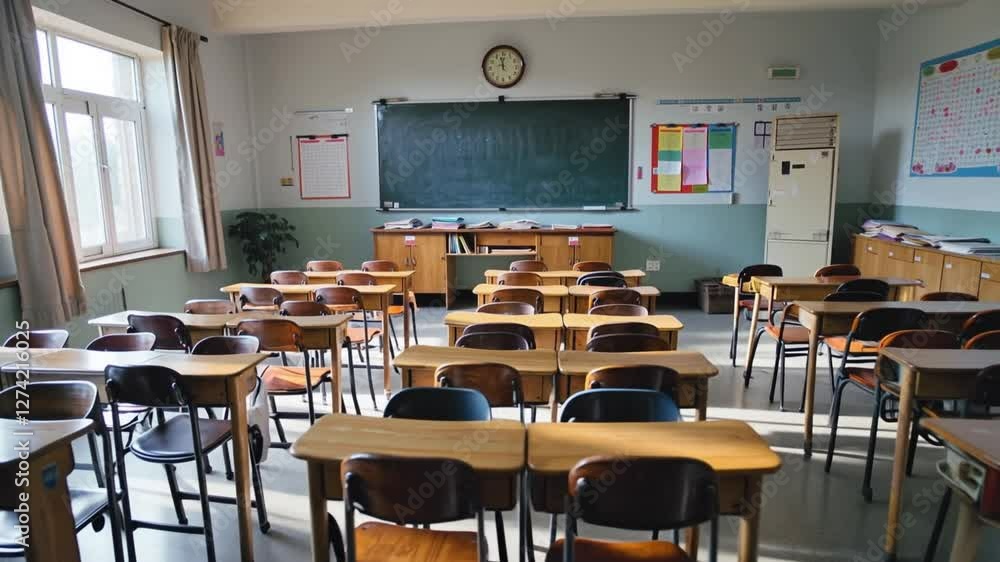 Empty classroom. Back to School Cartoon or Japanese anime. seamless looping virtual video animation background Empty classroom. Back to School Cartoon or Japanese anime. seamless looping virtual video animation background