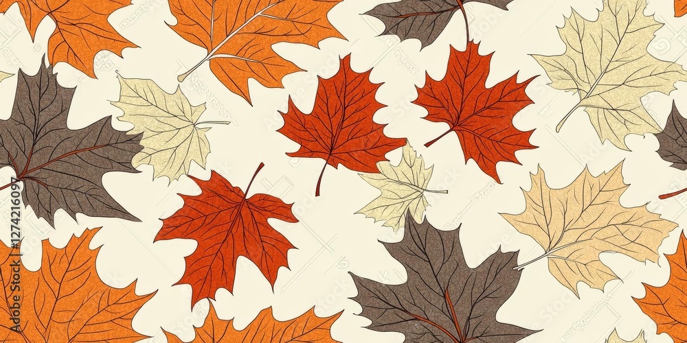 Fototapeta premium Seamless Repeating Pattern of Autumn Leaves in Various Shades on a Neutral Background , isolated on white background, , copy space, copy space for text,
