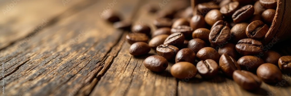 Fototapeta premium Brown coffee beans scattered on a wooden table, texture, grain