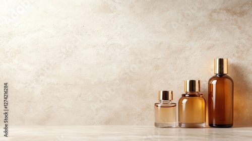 A stunning display of three elegantly designed perfume bottles on a soft-textured backdrop, symbolizing luxury, beauty, and sophistication in fragrance design.