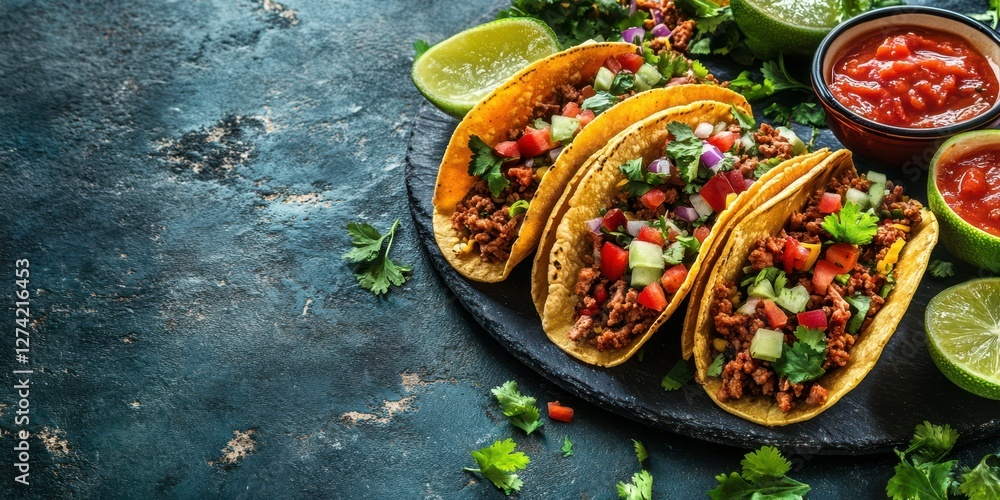 Fototapeta premium Tasty tacos served on a black slate with fresh toppings and salsa in a vibrant setting