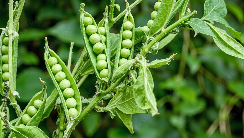Naklejka premium Fresh green peas in pods against lush garden backdrop