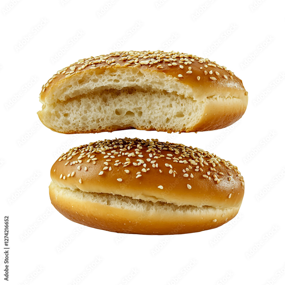 Sesame seed bun cut in half, floating on a transparent background Sesame seed bun cut in half, floating on a transparent background