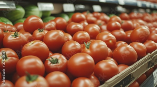 Fresh tomatoes on display at a grocery store photo