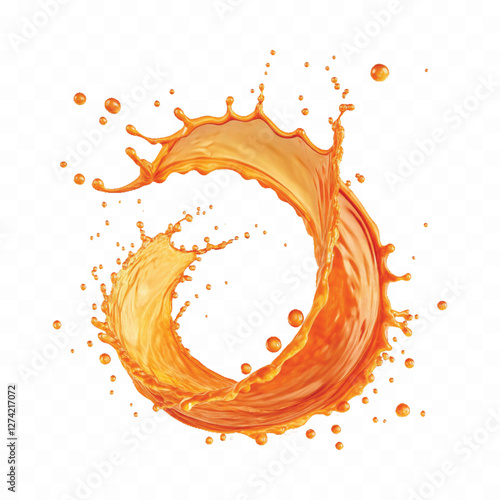 Abstract 3d Circular orange liquid water Splash in curve style with many drops isolated on white background