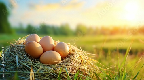 Fototapeta Naklejka Na Ścianę i Meble -  Fresh Brown Eggs Nestled in a Natural Meadow Setting