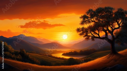 A stunning sunset over rolling hills, highlighting a tranquil river. The silhouette of a lone tree adds depth to the beautiful scenery under a vibrant orange sky.