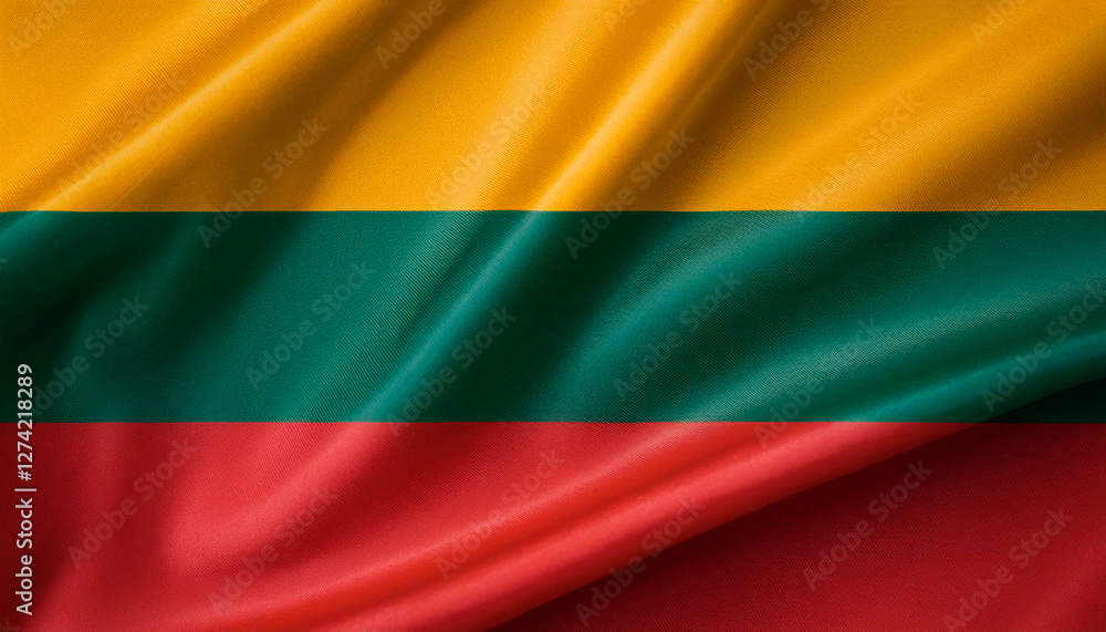 Naklejka premium Lithuania national flag with realistic fabric texture and smooth folds waving in the wind.