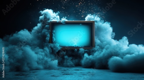 Wallpaper Mural An abstract depiction of a vintage television glowing in a mysterious blue haze surrounded by clouds, evoking feelings of curiosity and exploration into the unknown. Torontodigital.ca