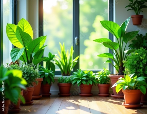 Sunlit Windowsill with Lush Indoor Plants