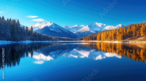 A stunning landscape featuring a serene lake surrounded by majestic mountains, reflecting the vibrant blue sky and golden autumn trees