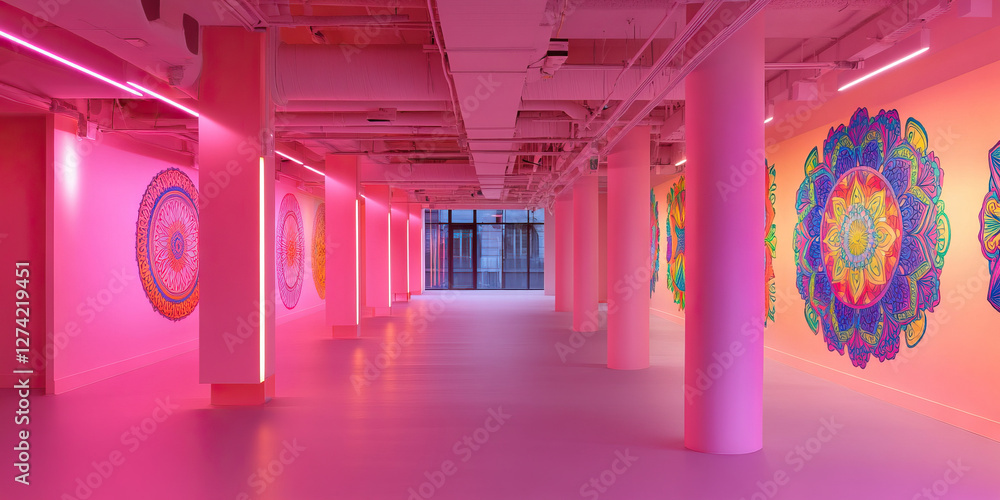 Interior View of Pink Hallway with Mandala Wall Art and Neon Lighting Interior View of Pink Hallway with Mandala Wall Art and Neon Lighting