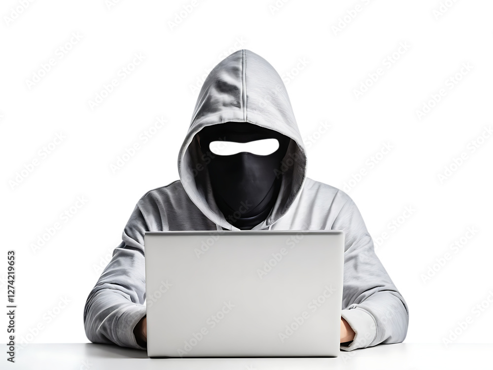 Hacker in hoodie and mask that hides his face works at laptop, Computer hacker stealing data from a laptop concept for network security, Cybercrime, hacking and technology crime transparent backgroun Hacker in hoodie and mask that hides his face works at laptop, Computer hacker stealing data from a laptop concept for network security, Cybercrime, hacking and technology crime transparent backgroun