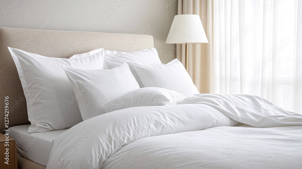 Cozy white bedding with fluffy pillows and soft blankets indoors Cozy white bedding with fluffy pillows and soft blankets indoors