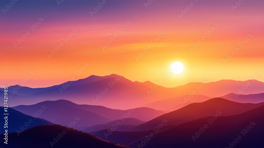 Fototapeta premium A breathtaking sunrise over rolling mountains, casting vibrant colors across the horizon. This serene landscape captures the essence of nature's beauty and tranquility.