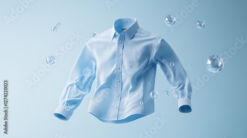 Blue Dress Shirt Floating in Air with Bubbles on Light Background