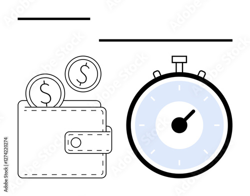 Wallet with coins and a blue stopwatch. Ideal for finance, budgeting, time management, savings, efficiency, productivity, and cost-effectiveness themes. Line metaphor