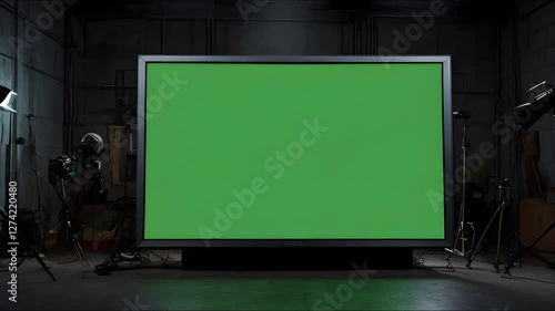 Old movie projector with green screen and LCD TV big green screen television