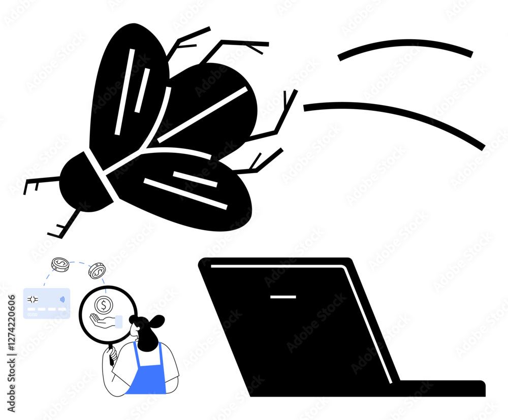 Person examining money symbol under a magnifier near flying bug and laptop. Ideal for financial scrutiny, online banking, digital distractions, focus challenges, tech issues, pest metaphor, analysis