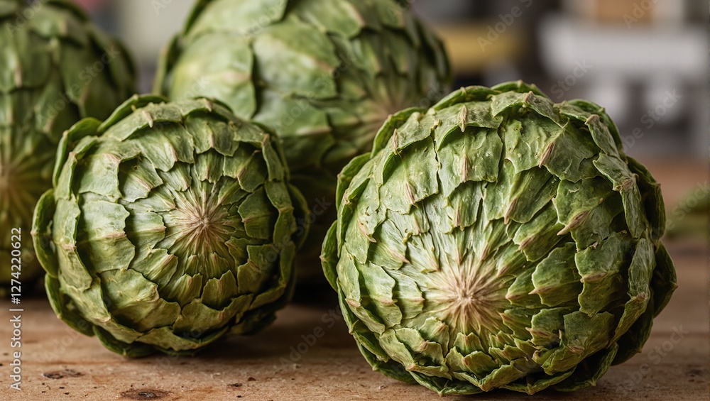 Obraz premium Fresh artichokes with green spiky leaves on rustic counter