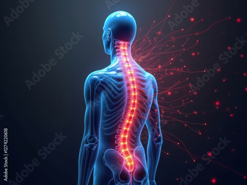 Interpretación artística del dolor de espalda crónico, figura humana abstracta con una columna resaltada que irradia señales de dolor
