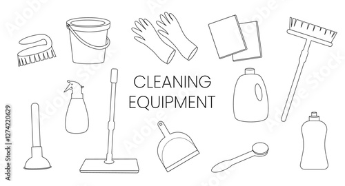 Cleaning Equipment Outline Set. Line art collection of cleaning tools, including a mop, bucket, gloves, detergent bottles, a broom. Perfect for cleaning service design projects. Vector illustration.